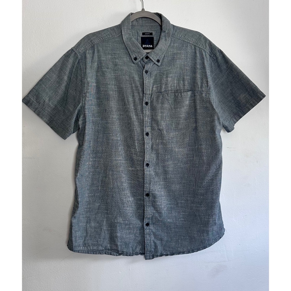 Prana Mens XL Slim Fit SS Button Down Blue Micro Stripe